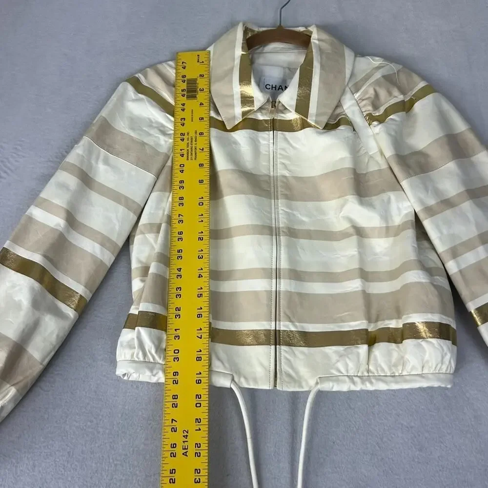 Chanel Lambskin Leather Jacket Women's Size 36 Beige & Gold Stripe Detail Zip